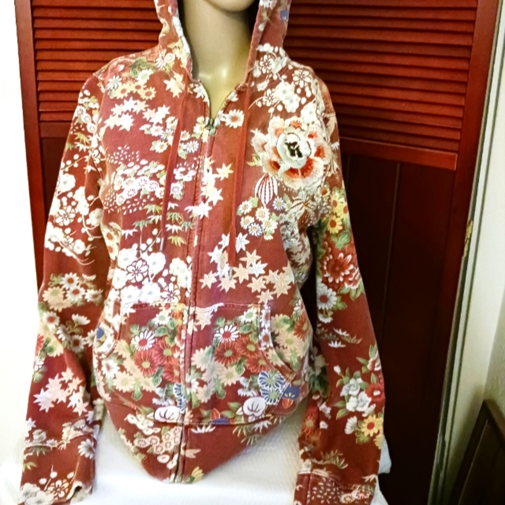 Floral Zip-Up Hoodie Jacket - Rust Floral